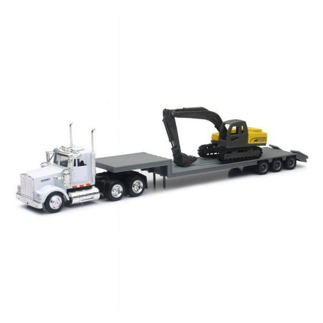 New Ray 1:43 Kenworth W900 W/ Vehicle Transporter Lowboy W/ 1:158 Excavator