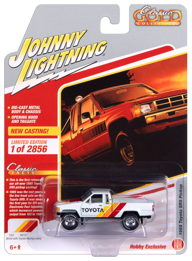 Johnny Lightning Classic Gold 1985 Toyota SR5 Pickup (Gloss White Body Color with Red, Yellow, Orange Side Stripes and TOYOTA logo on Doors) 1:64 Scale Diecast