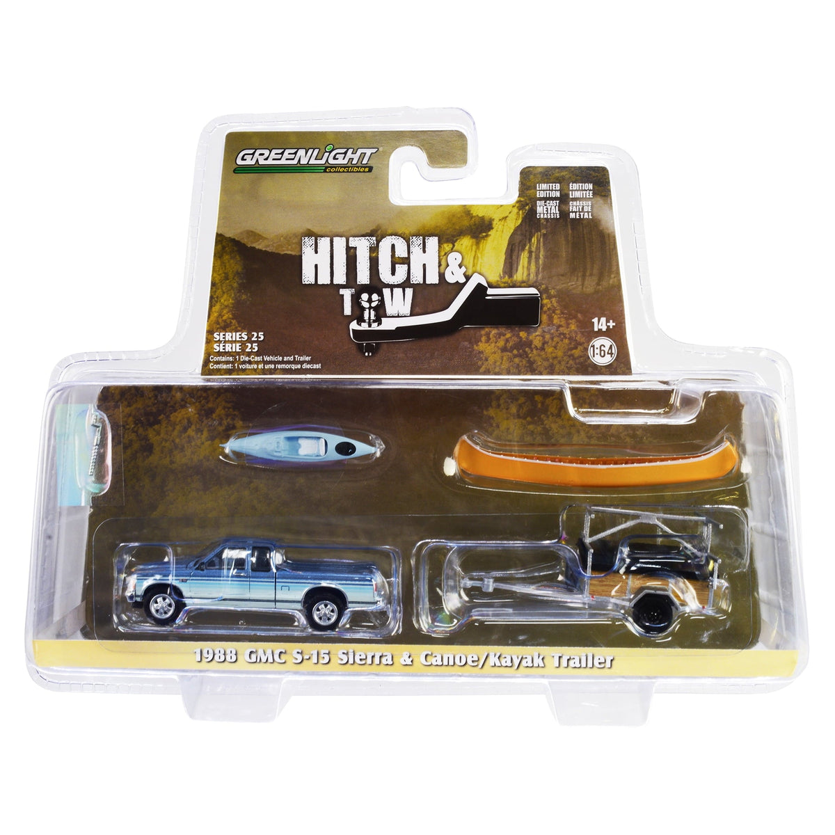 Greenlight Collectibles 1/64 1988 GMC S-15 Sierra Pickup Truck with Canoe Trailer Canoe and Kayak Hitch & Tow Series