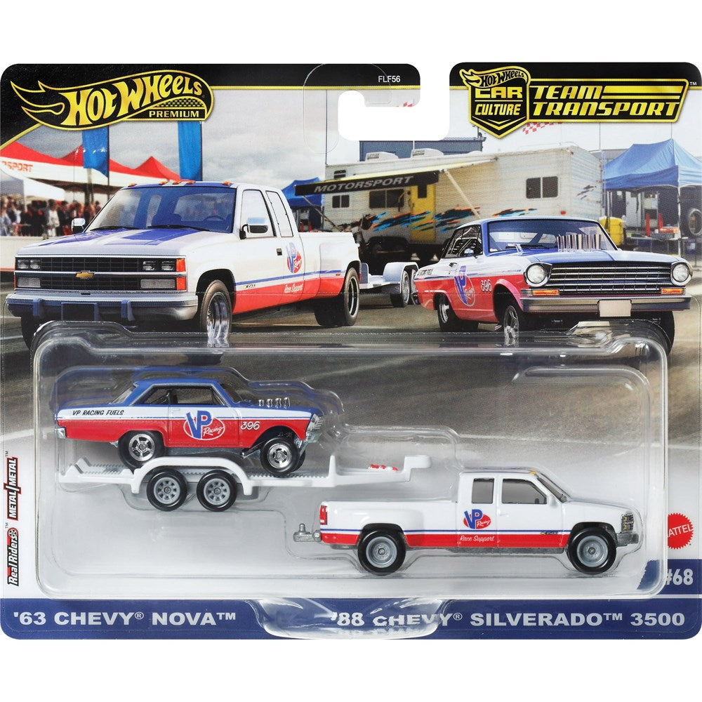 HOT WHEELS ‘63 CHEVY NOVA & ‘88 CHEVY SILVERADO 3500 TEAM TRANSPORT PREMIUM