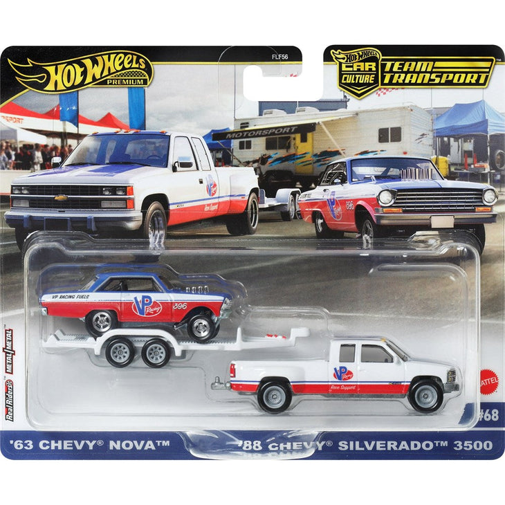HOT WHEELS ‘63 CHEVY NOVA & ‘88 CHEVY SILVERADO 3500 TEAM TRANSPORT PREMIUM