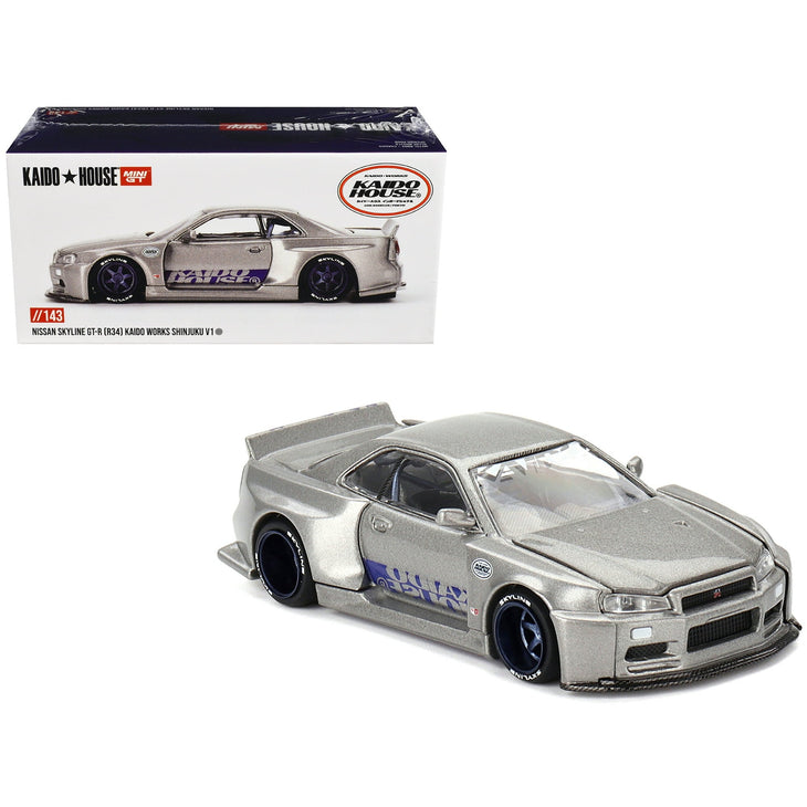 Kaido House x Mini GT 1:64 Nissan Skyline GT-R (R34) Kaido Works SHINJUKU V1 – Silver