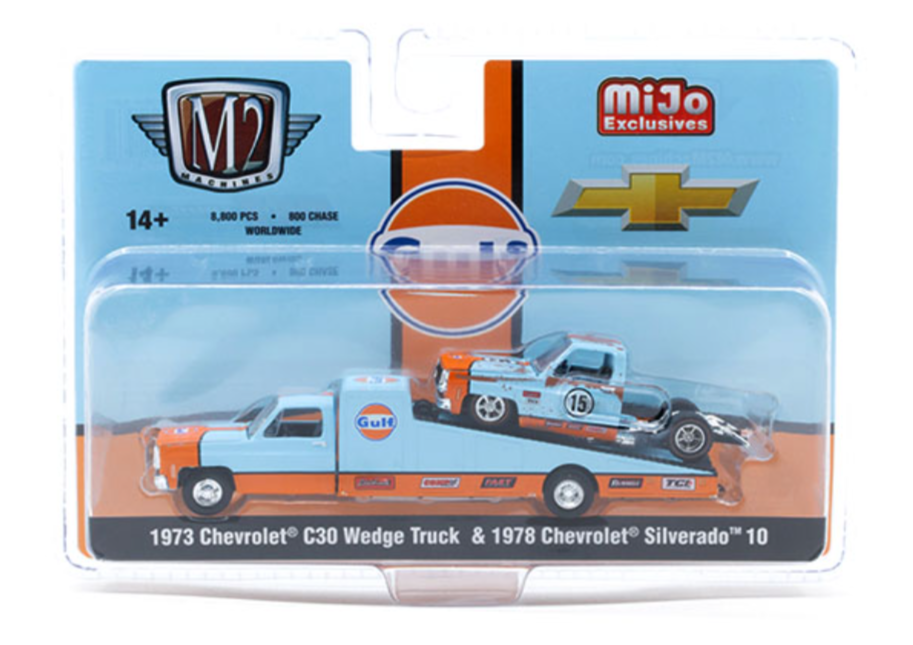 M2 Machines 1973 Chevrolet C30 Wedge Truck & 1978 Chevrolet Silverado 10 Bedless Gulf Livery Auto Haulers Limited Edition