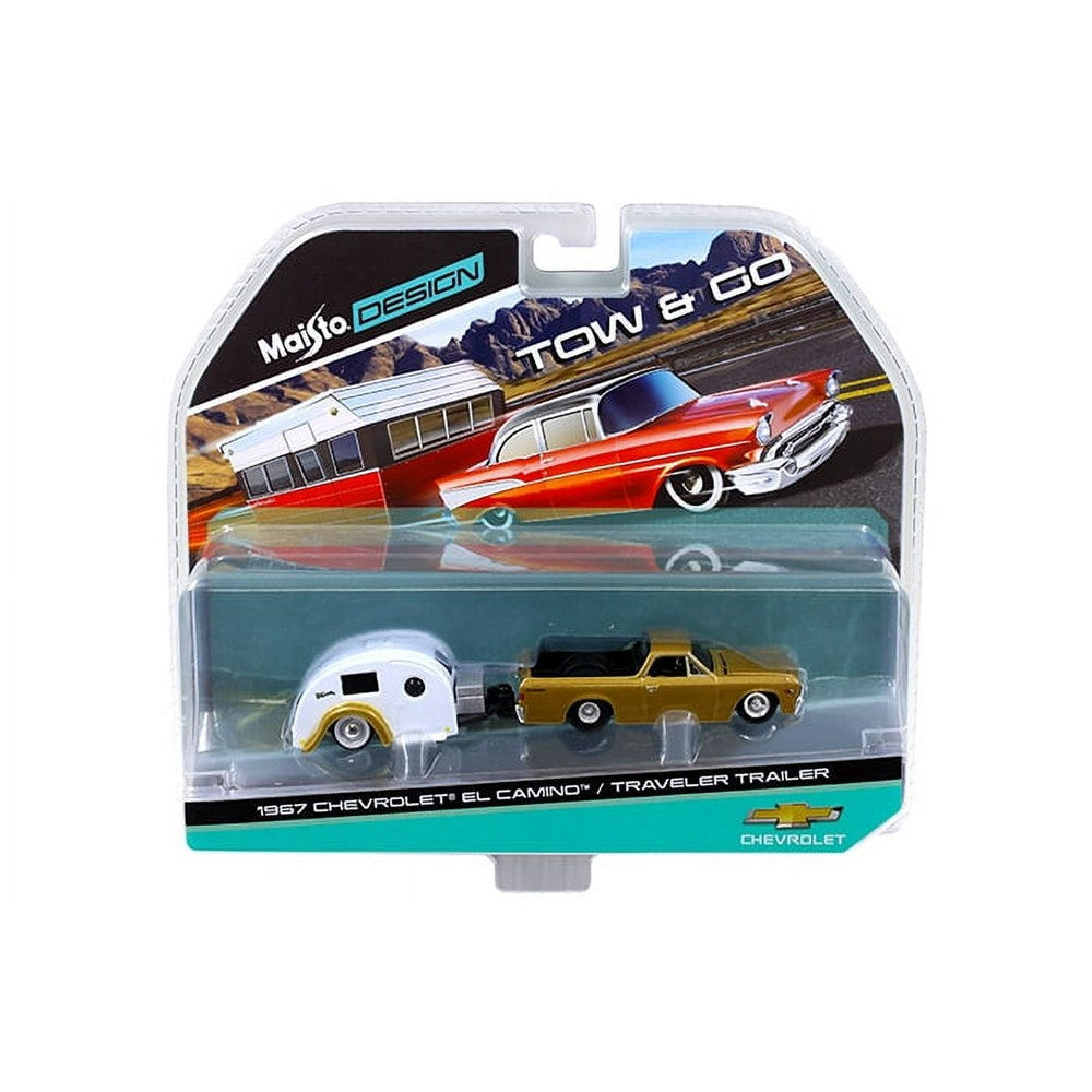 1967 Chevrolet El Camino with Traveler Trailer Gold Tow & Go 1/64 Diecast Model by Maisto