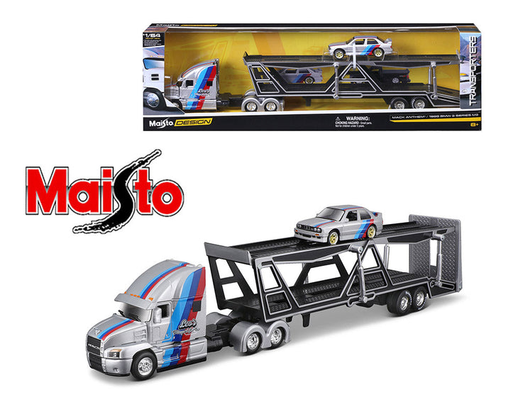 Maisto 1:64 Mack Transporter Open Trailer w/ BMW M3 – Silver – Design Transporters