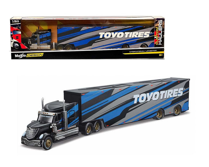 International LoneStar Enclosed Car Transporter "Toyo Tires" Black with Blue and Gray Stripes "Custom Haulers" Series 1/64 Diecast Model by Maisto
