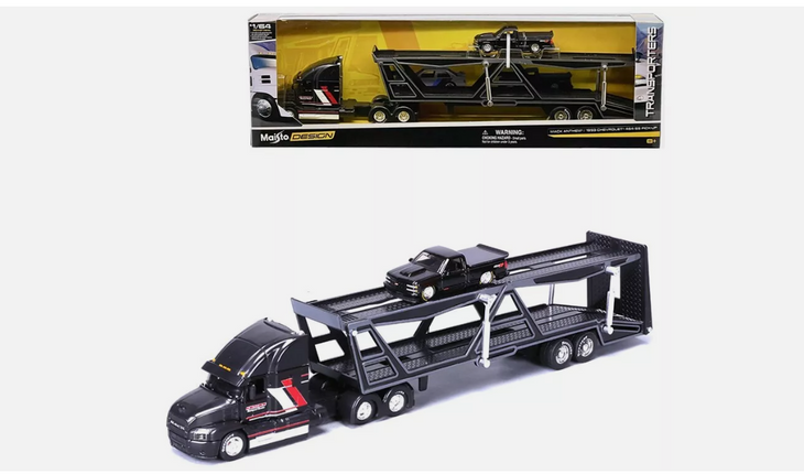 Maisto 1:64 Mack Transporter Open Trailer w/ 1993 Chevrolet 454 SS Pickup – Black