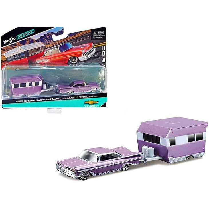 Maisto 1 to 64 Scale 1959 Chevrolet Impala Graphics & Alameda Trailer Purple Metallic & White Tow & Go Series Diecast Model Car