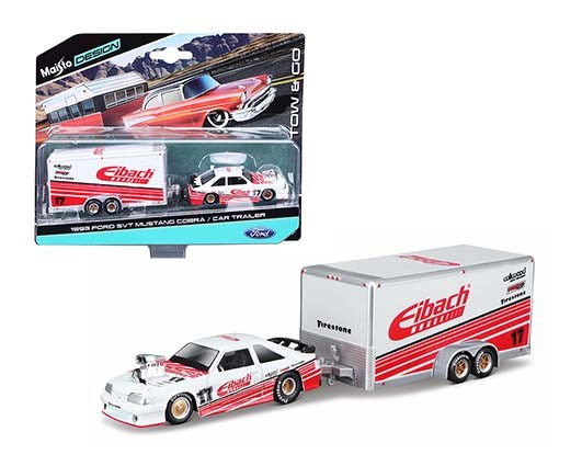 Diecast 1993 Ford SVT Mustang Cobra #17 with Enclosed Car Trailer "Eibach" White with Red Stripes "Tow & Go" Series 1/64 Diecast Model Cars by Maisto