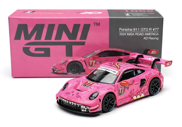 Mini GT Porsche 911 GT3 R #77 AD Racing 2024 IMSA ROAD AMERICA Roxy Pink 1:64 Scale