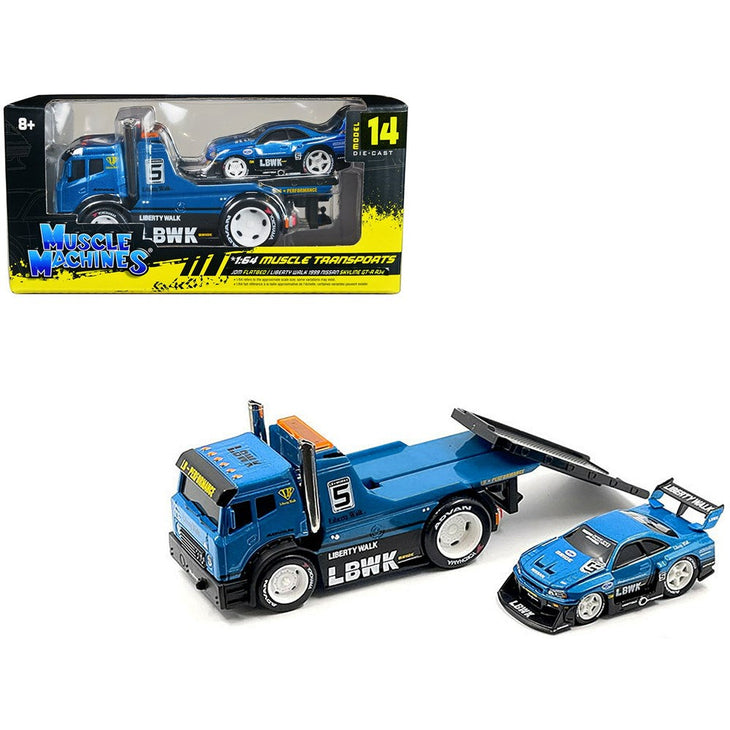 Muscle Machines 1:64 JDM Flatbed / Liberty Walk 1999 Nissan Skyline GT-R R34 – Blue – Muscle Transports Model 14