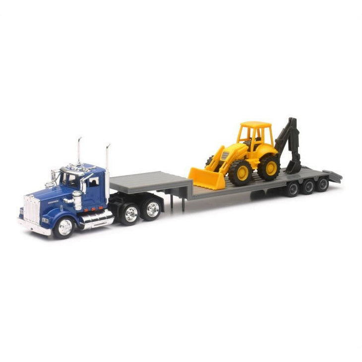 New Ray 1:43 Kenworth W900 Lowboy W/ Backhole Loader Blue