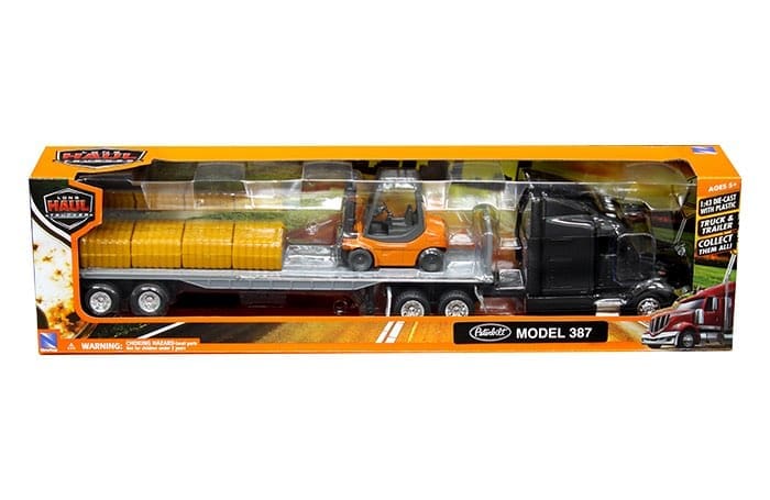New Ray 1:43 Peterbilt Model 387 Lowboy Forklift & Hay Bale – Long Haul Truckers